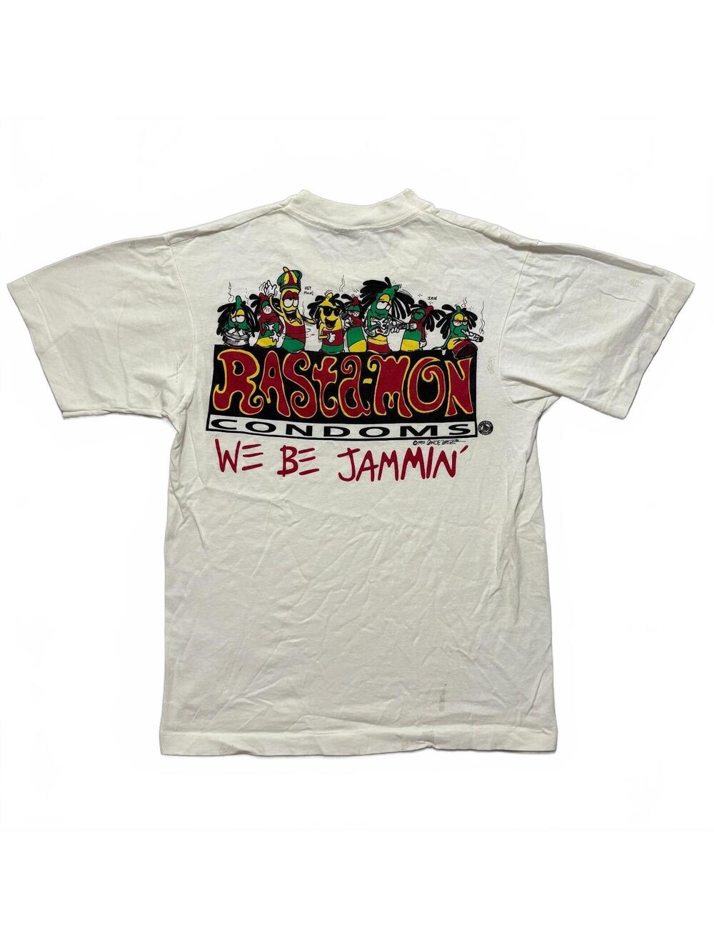 VTG 90's Rastamon Condoms We Be Jammin Double Sided T-Shirt Men's M White
